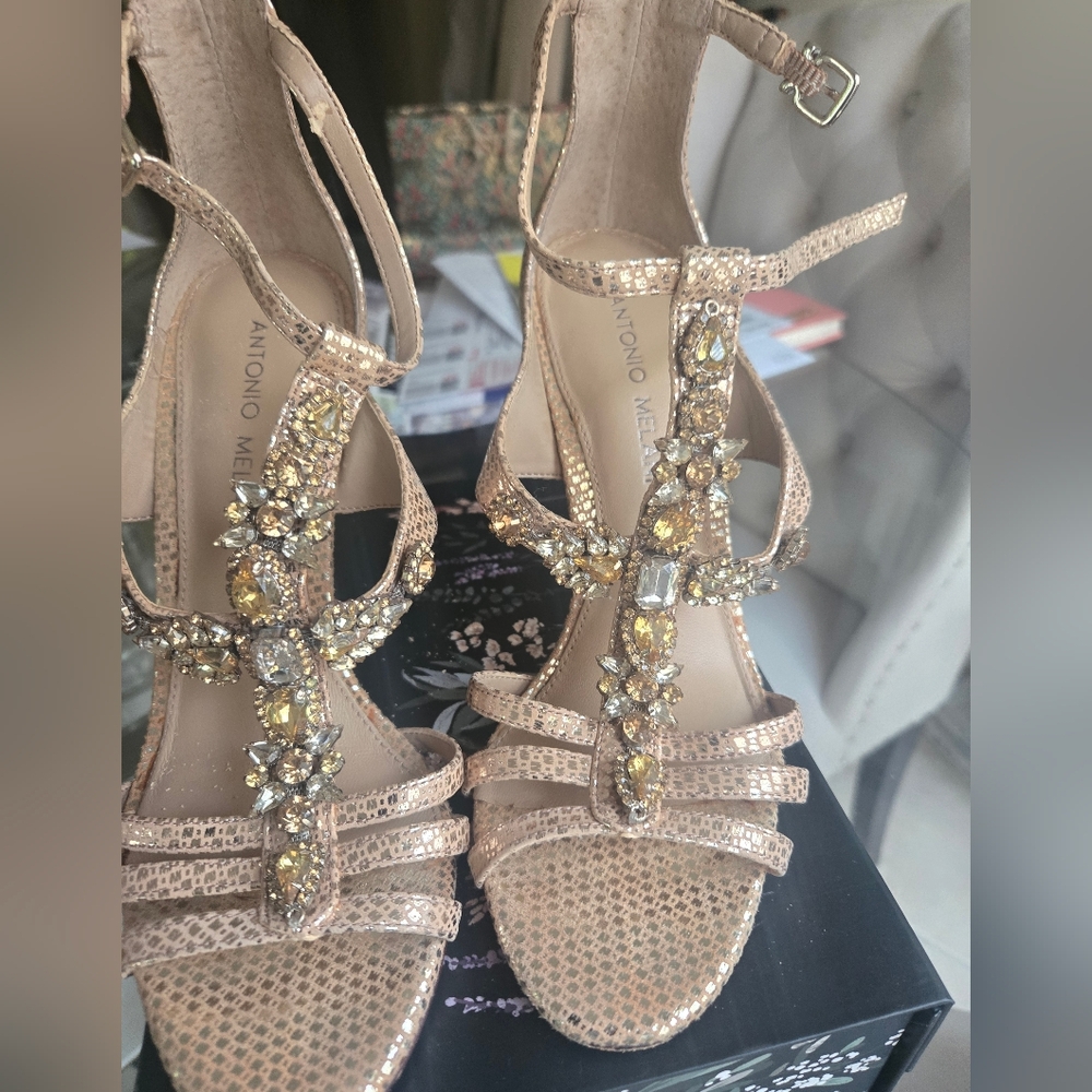 ANTONIO MELANI Rose Gold Jeweled T-Strap Heels